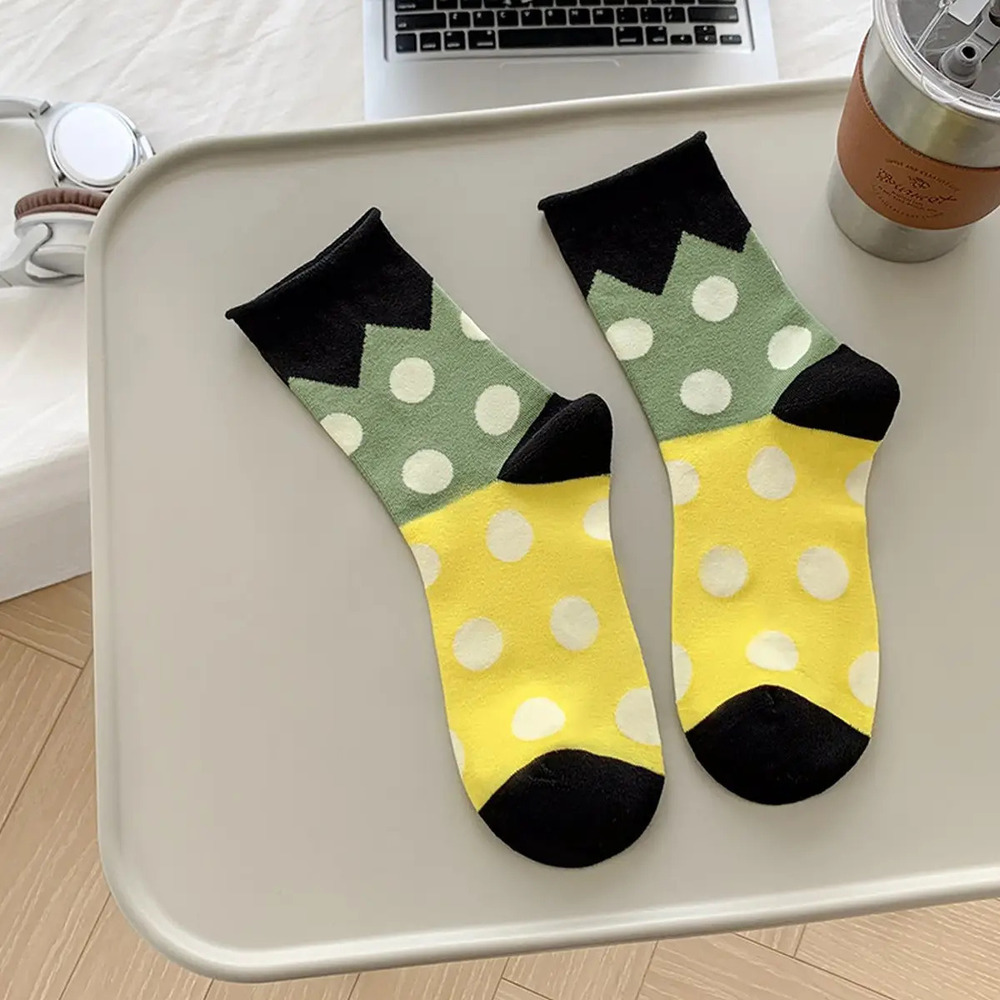 X57 | All-Season Pure Cotton Mid-Tube Polka Dot Socks | Yellow | One Size